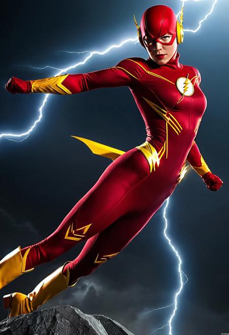 CGI Render - DC Comics female flash, petite body, lithe muscular figure, red spandex bodysuit, lightning bolt diagonal across her chest, mitch gerards artist, wedge heel boots