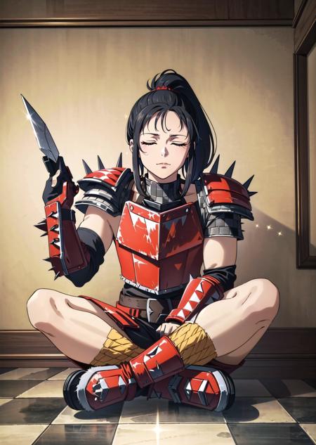 (1girl, black hair big hair split ponytail, sparkle eyes, <lora:siitake-eye:1>, closed eyes) (digital) ( crossed legs indian style in detailed tavern, (red armor, shoulder armor, spikes, checkerboard, weapon)) , best quality, <lora:boldline:0.2>  <lora:hairdetailer:0.2> orkz,  <lora:orkz:1>