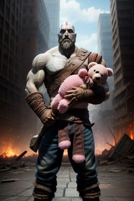 god of war, standing, hugging a pink teddy bear, against the backdrop of the (ruined city:1.1)
unreal engine
style of Artgerm
finely detail, ultra-detailed, highres