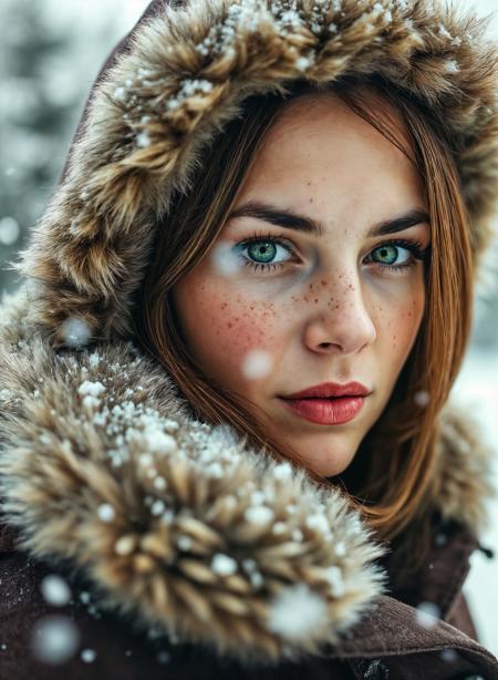 A cinematic close-up portrait of a green-eyed woman with freckles, wearing a warm winter coat with a fur-lined hood. She stands outside on a snowy day, with soft snowflakes falling around her and resting on her hair and coat. Her green eyes are vibrant and expressive, slightly squinting in the cold air. The background is softly blurred with snow-covered trees and overcast sky, creating a dreamy bokeh effect. The lighting is soft and diffused, with natural cool tones. Captured in the style of an award-winning National Geographic portrait, ultra-realistic, shallow depth of field, high dynamic range, rich texture.