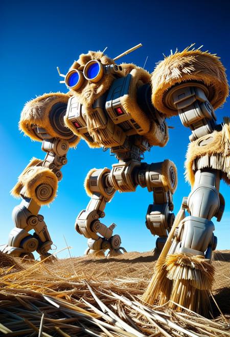 (made of straw:1.3), closeup huge mecha Straw robot, wear round goggles, from below, in space planet ground, closeup shot, cinematic, cinematic lighting, (masterpiece, best quality:1.4), ultra-high res, 4k, insanely detailed, sfw,