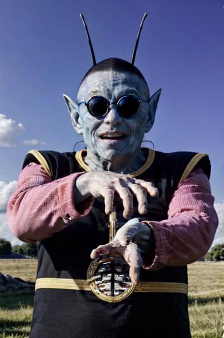 kaio,1boy,solo,cowboy shot,light blue skin, antennae, whiskers,pointy ears,black tunic, black hat, kanji, magenta shirt,(sunglasses),long sleeves,facing viewer,looking at viewer,arms behind back,grass, tree, pink sky,closed mouth,( smile),(best quality, masterpiece) <lora:kaio_v1:1> , flat color, solo, masterpiece, best quality,  8k, detailed face, cowboy shot,  standing, detailed eyes, villain, high definition,official art,  <lora:EdobAlienFemale_v1.0:1.0> , open mouth, evil smile,