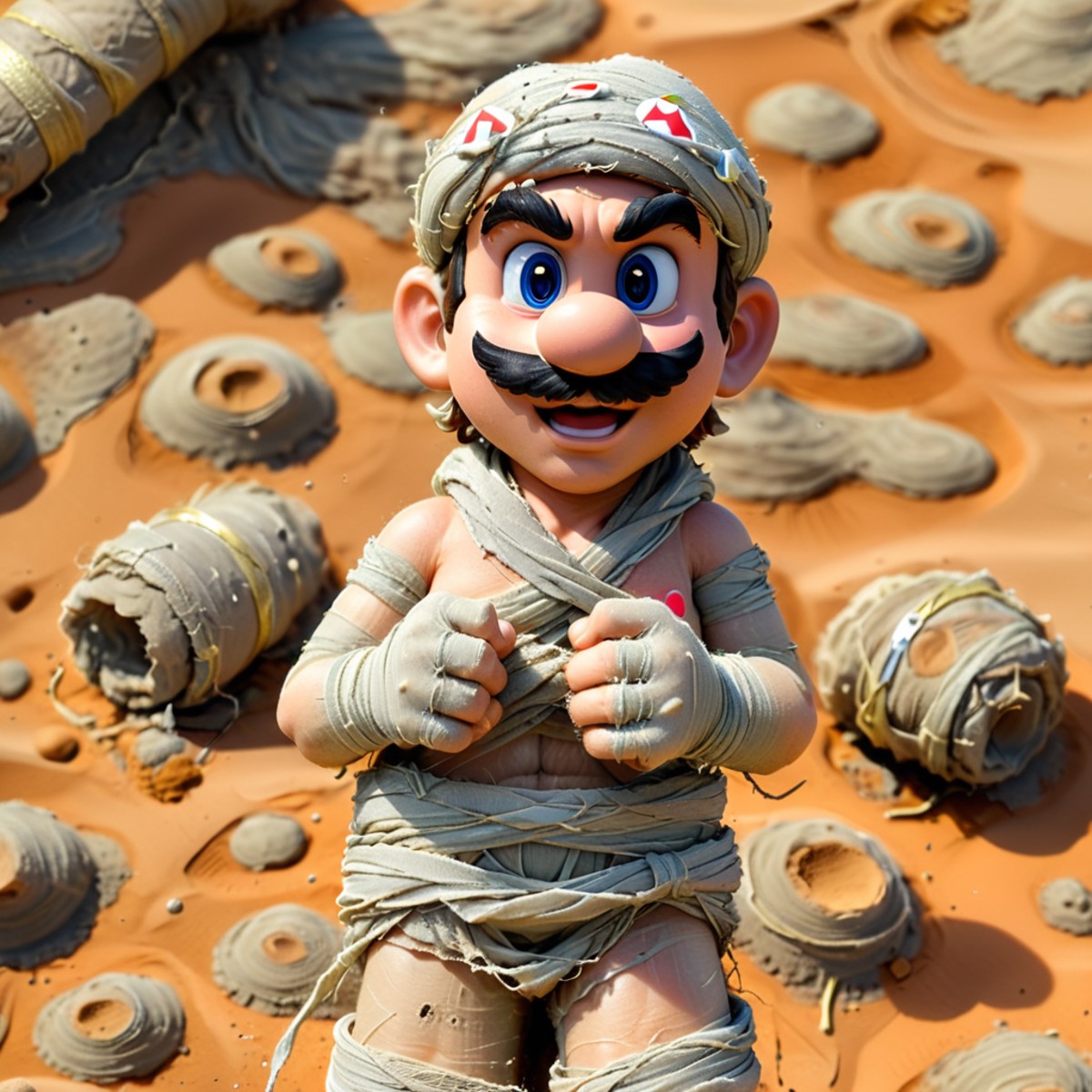 Super Mario style A mummy's ancient dusty hand wrapped in fraying bandages, fingertips emerging to show bone and desiccate...