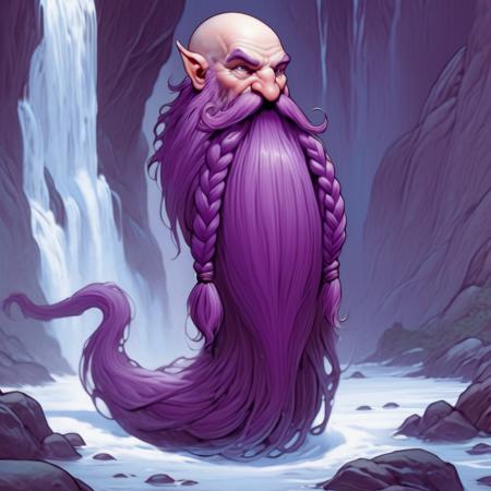 Harry_Dwarf, D&D illustration style, full body shot, front facing,  gritting teeth dwarf-like character,  flowing long  Violet beard, braided moustache,bald , <lora:Harry_Dwarf:1>,  next to a waterfall