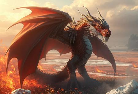"Create a captivating, high-definition digital illustration, inspired by the golden ratio, featuring a Dragon Queen with a tragic backstory. Set the scene on a land of frozen flames, with a looming, long-caped creature in a red, brown, and white color scheme, inspired by Abidin Dino's art style. The Dragon Queen, who is a BBW, should be crowned, with delicate features and a pointed chin. The image should be featured on Art Station and AmiAmi, with a dynamic, dramatic, cinematic lighting and an arthouse feel reminiscent of Henri Cartier-Bresson's work. Consider incorporating elements such as distant realistic mountains, an ocean, and a field of flowers, rendered using Octane, Maya, and Blender, with a 2D game art or concept art feel."