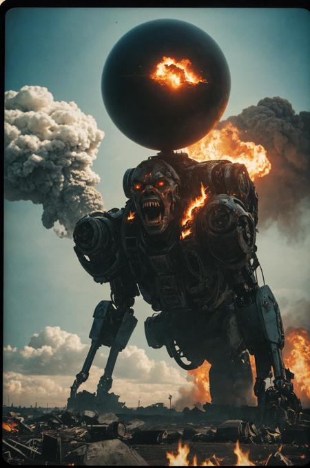 analog photo, morbid horror, (a giant battle cyborg, large sphere:1.2), angry, fullmetal, robotic, mechanical parts, (burning city background:1.2), slate atmosphere, cinematic, dimmed colors, dark shot, muted colors, film grainy, lut, spooky, photography, hq, photorealistic, colorful [polaroid] with vibrant colors, dramatic, high contrast, high saturation, vintage, faded film, film grain, selective blur, [[[red, orange, yellow, green, light blue, blue, purple]]], (mushroom cloud covers him:1.1), grumpy, angry, shouting battle spell with his open wide mouth, (visible air vibrations:1.3)
