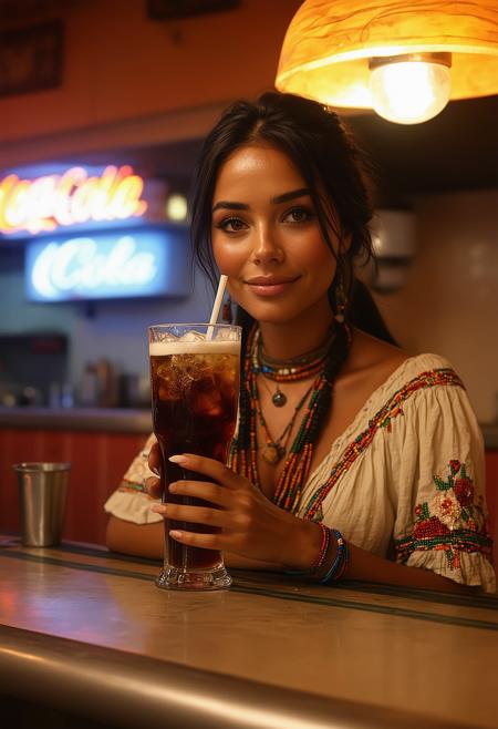 A Cheyenne woman’s shy smile glows behind a frost-beaded Coke glass in a retro diner, her eyes downcast under crescent lashes. Edward Hopper’s diffused neon light bathes her in amber and sepia, casting elongated shadows on the cobalt-striped glass. Intricate floral beadwork on her linen dress mirrors the twilight prairie reflected in the drink’s curve—where condensation meets ancestral land. Contemporary Indigenous textures blend with Americana nostalgia in a tight low-angle composition, steam whispering past her lips as Formica counter edges blur into velvety bokeh.