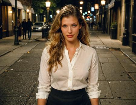 analog raw candid photo of a young German woman model, age 24, characterized by olive-toned skin and long dark blonde hair styled in soft waves, tall, slender figure, displaying a thoughtful expression, dressed in a white shirt with black skirt, upper-body shot, high-angle, on a sidewalk in a New York park at night, shot on a Nikon F6 camera with film grain, under rembrandt lighting.
