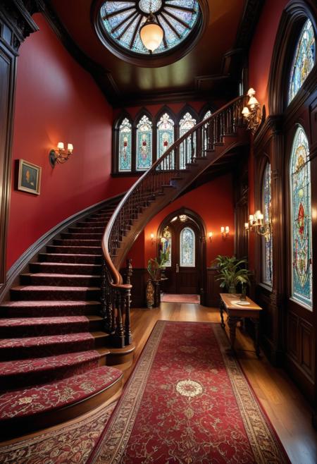 Gothic revival mansion interior with grand staircase and stained glass windows casting colored light patterns on ornate carpeting. Rich Victorian details with carved woodwork and period furnishings. Atmospheric lighting creating mystery and elegance, deep color palette with jewel tone accents from stained glass illumination.