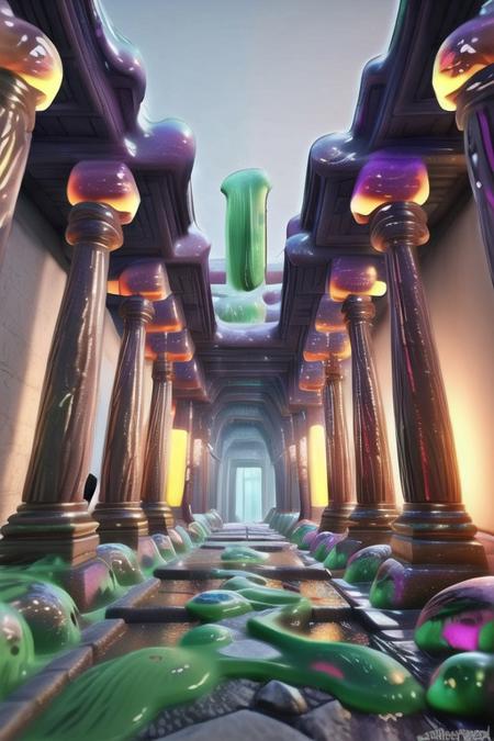 slime-morph, sl1m3d, made of slime, slime pillar, slime temple, bright lights, ultra realistic