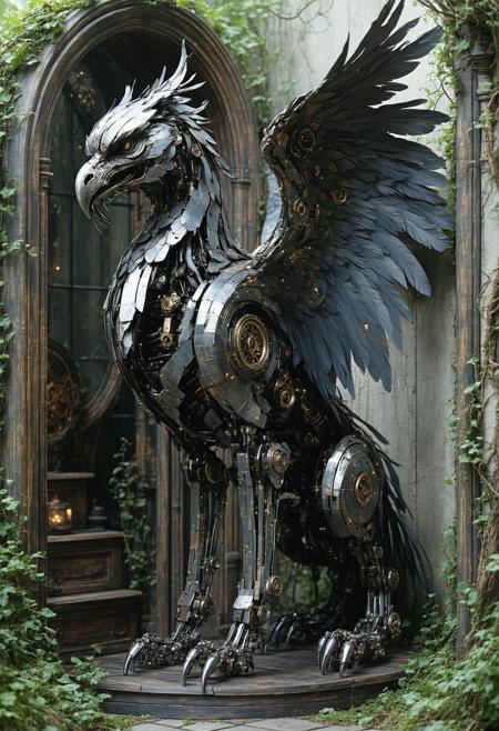 A colossal, intricately carved wooden automaton, resembling a mythical griffin, stands motionless within a forgotten clockwork garden. Moonlight filters through the overgrown hedges, casting long, skeletal shadows across the polished wood and revealing the complex inner workings visible through transparent panels. Style of Hayao Miyazaki meets H.R. Giger, blending whimsical fantasy with biomechanical elements. Cool grays, blues, and greens dominate, with accents of warm brass and the soft glow of internal gears. Highly detailed, volumetric lighting, cinematic composition, sense of mystery and melancholic beauty.