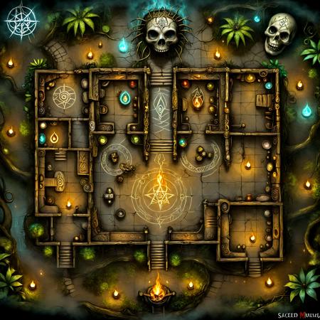 masterpiece, high quality, BREAK top-down view, large map, Table, Interior, Dungeon, Map, Floor Plan, indoors, distinct pathways, doors, entrances, exits, ramps, stairs, voodoo magic, dark ritual, swamp, eerie atmosphere, glowing candles, tribal masks, bone decorations, cursed symbols, wooden huts, hanging skulls, misty air, shadowy figures, ancient totems, ritual circle, flickering torches, overgrown trees, murky water, twisted vines, sacred ground, dark magic, enchanted forest, eerie fog, ceremonial altar, shamanic symbols, runic carvings, creepy dolls, bubbling cauldrons, fetishes, haunted, thick vegetation, ritualistic objects, mysterious energy, glowing sigils, deep shadows, <lora:DD_Table_RPG:0.5>, <lora:SDXLFaeTastic2400:1>, <lora:JJsFloorPlan_XL:1> <lora:ral-vudu-sdxl:0.5> ral-vudu