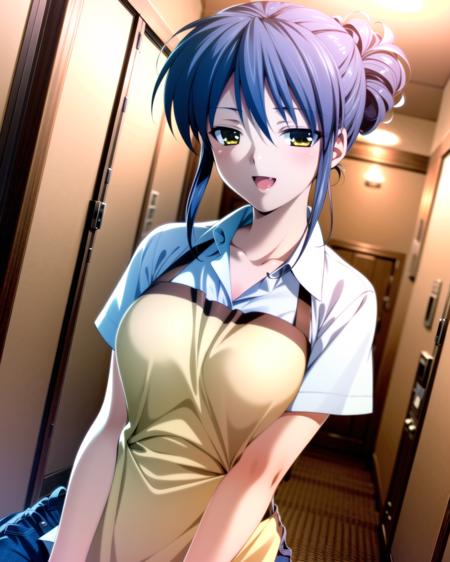 ((masterpiece)), ((best quality)), ((highres)), ((extremely detailed CG unity 8k wallpaper)), solo, <lora:sagara misae:1>, sagara misae, white shirt with yellow apron, jeans, smile, open mouth, fang, hallway