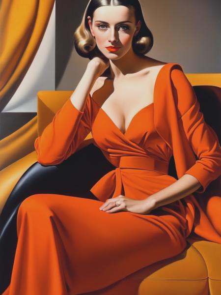 <lyco:TamaraDeLempicka:1.0> a portrait of a woman sitting on a sofa wearing orange dress, by tamara de lempicka