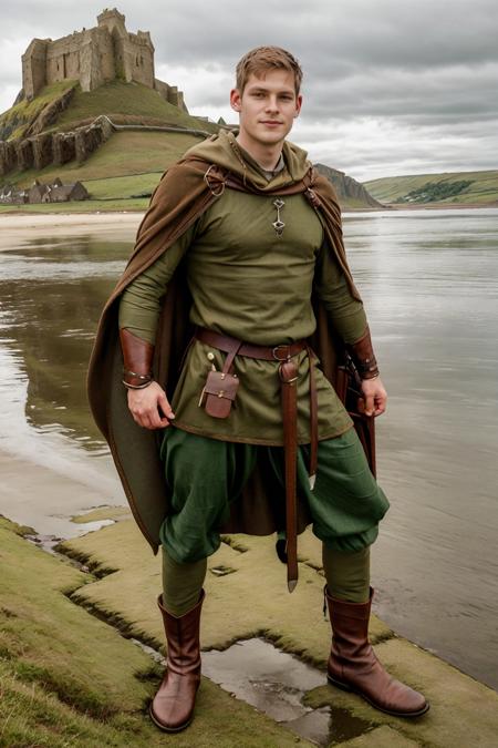 a beach, Lindisfarne Castle on a hill in the background, JackWindsor, norsemenclothes, brown tunic, green cloak, cape, leather satchel, leather belt, leather vambrace, green pants, boots, holding a viking sword, <lora:JackWindsor-000008:0.8> <lora:NorseMenClothes:0.8>