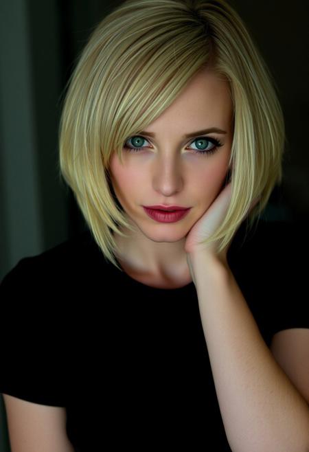 woman, blonde bobcut hair, parted half hair, green and blue eyes, eyeliner, gothic, wearing black t-shirt,