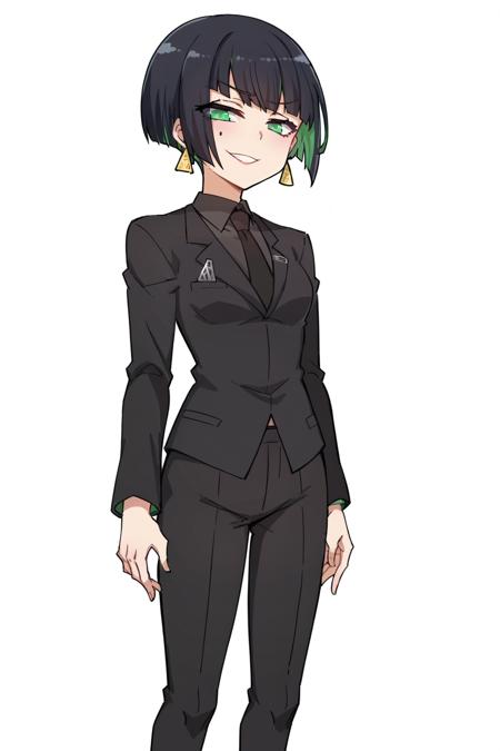 edgAllmind,blunt bangs,two tone hair,earrings,black suit,necktie, adding 'green eyes' can help skirt or pants whichever you prefer