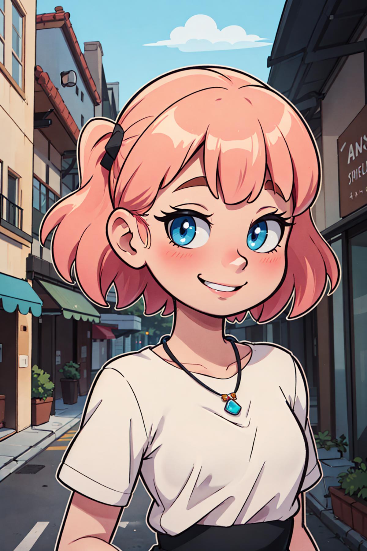 A cartoon drawing of a girl with pink hair wearing a white shirt and a necklace.