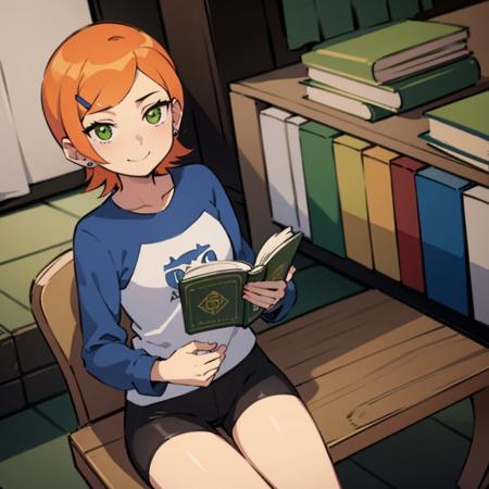 gwen,orange hair,green eyes,short hair,hairclip,looking at viewer,holding,book,reading,library,smile,shirt, raglan sleeves, long sleeves, pants