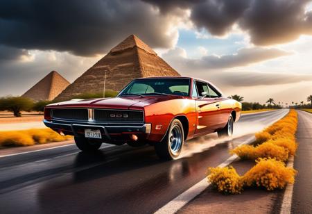 cinematic photo of dodge Charger 1968, magnificent three pyramids of Giza appear clearly, charm, highly detailed car, Professional lighting, full of life, Lively and energetic, 8K, rays of sun flow beyond heavy clouds, HDR, Fast & Furious movie, motion blur, moving tires, Cinematic Shot, Cinematic Lighting, amazing world, pure perfection, Need For Speed, wide angle exterior background, drifting, wet asphalt road, autumn leaves, grass, flowers, jasmine flowers, palm trees, nebula horizon.