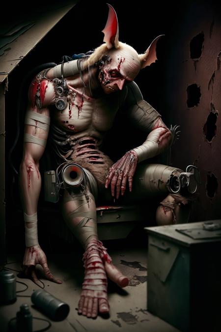 <lora:lostedenTECHv3:1> l0st3d3n male bat, bloody, bandage, sitting military bunker interior , 35mm, f8.0, high detail, high quality, grotesque, disturbing