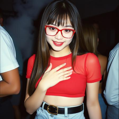 Japanese culture style, emotional photo, 35mm film, soft focus.
The photo is of a fair-skinned  with long, straight hair that comes up to her shoulders. She wearing red-rimmed glasses, a tight red see-through top, and light-colored denim shorts with a black belt. One hand caressed over her breast. The scene appears to be dim, possibly a nightclub or party, as can be seen from the blurred background of the figure. The photo has a casual, stilted feel, with a hint of smoke adding a dark edge.
She has a charming smile and looks very happy. She has beautiful dark eyes with long eyelashes and is staring at the viewer. She wore red eyeshadow and lipstick.
