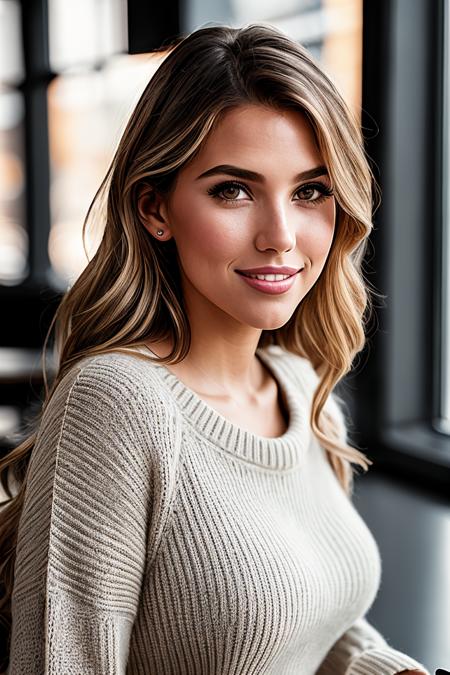 photo of beautiful (k4r4dt:0.99), a woman in a (restaurant:1.1), perfect hair, wearing (mini dress), (sweater), modelshoot style, (extremely detailed CG unity 8k wallpaper), professional majestic (photography by  walker evans:1.1), (Sony a7R IV Mirrorless Camera), 24mm, exposure blend, hdr, faded, extremely intricate, High Detail, Sharp focus, dramatic, soft cinematic light, (looking at viewer), (detailed pupils), cute smile, 24mm, 4k textures, soft cinematic light, adobe lightroom, photolab, elegant, ((((cinematic look)))), soothing tones, insane details, hyperdetailed, low contrast