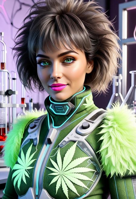 420futurism, (close up:1.8), Stable_Yogis_PDXL_Positives, (hemp long coat), Realism_Quality_2xx_By_Stable_Yogi, (anatomically correct:1.7), photo, photo_realistic, 1girl, mature_woman, European, 27 years old, parted_lips, choker, seductive smile, sultry, serious stare, stern look, close-up, eye shadow, makeup, milf, mature female, pureerosface_v1, Expressiveh, intricate_details_xl, natural skin, realistic, hands out of view, red lipstick, makeup, streaked hair, black hair, yellow streaks in her hair, long side bangs, green highlights in bangs, thick lips, big hair, tall, natural eyes, high neck closure, fitness body, toned muscles, high cheekbones, solo, high turtle neck, (hands hidden:1.7), short puffy sleeves, high neck closure, fully dressed,  gentle smile, closed mouth, (laboratory:2), (Fluffy hair:2.4), electroscope, generator, indoors, hemp clothing, cyberpunk, futuristic, (neon:1.6). (hemp clothes:1.8).