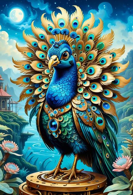 embedding:lazypos, animal, feral animal, surrealist animal, no human, sfw, 
The Clockwork Peacockamthus
Character: A peacock fused with a protea flower, its feathers made of intricate bronze gears that tick as they fan out.
Activity: Painting an upside-down landscape on a floating easel.
Background: A studio where the brushes move on their own, and the paint swirls into living creatures.
Tragic Origin: It was an artist cursed to see the world in reverse—now it can only paint what it cannot understand.
Glowing Transformation: The gears in its feathers glow blue when it captures a memory perfectly.