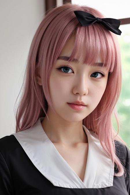 masterpiece, best quality, hdr, volumetric lighting,
chika1, fujiwara chika, blunt bangs, black bow, neck ribbon, large breasts, school uniform, black dress, red ribbon, long sleeves, collared dress, pink hair,
1girl, solo,
upclose, detailed face, beautiful face, pretty girl