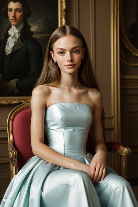 ImogenHarvey, photography by (David LaChappelle:1.3), Marie Antoinette clothing, 1789, seated on throne, (straight sleek hair:1.5), Queen of France, modelshoot, pose, ((dress)), (closeup on upper body:1.3), Flemish masters, luxurious fabrics, silk, Versailles, French aristocracy, palace interior, 1782, large oil paintings on walls, portrait