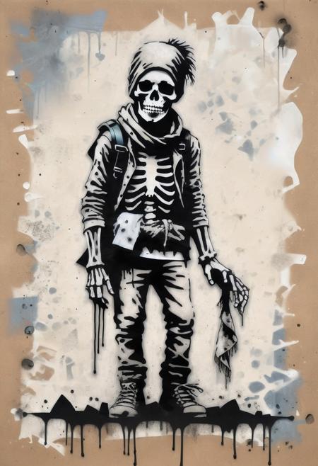 <lora:Banksy Style:1> Banksy Style page, banksy stencil print of a homeless punk skeleton wearing a bandana mask over his mouth, simple background