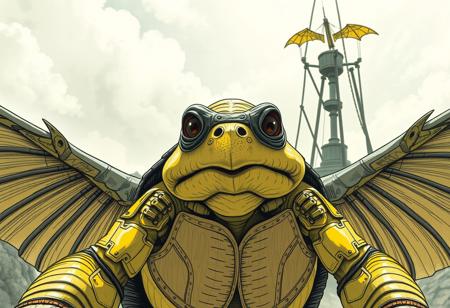Create a promotional image for a video game featuring an aged turtle character, inspired by the art style of Nychos and Mr. Nimbus's character design, with a structure reminiscent of Kyle Lambert's work. The image should have a high-quality, bug POV shot aesthetic, akin to 'Set Sail for the Kingdom,' with ruffled wings and an Scientist character in the background, blending TF1 and Himba elements. Incorporate a yellow and charcoal drawing style, promoting a 2020s promotional art vibe, similar to Trippie Redd's visuals.