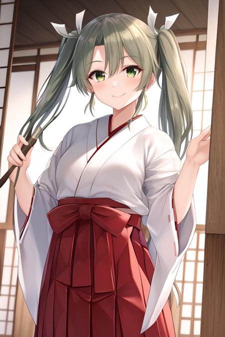 masterpiece, best quality, highres, solo, {zuikaku_kantaicollection:1.10}, long_hair, twintails, ribbon, hair_ribbon, green_hair, green_eyes, smile, white_ribbon, muneate, 1girl, hakama, hakama_short_skirt, hakama_skirt, japanese_clothes, skirt, looking_at_viewer, red_hakama, cowboy_shot, grey_hair, tasuki