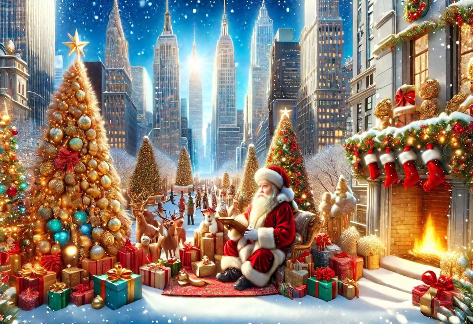 A Santa Claus Christmas scene with a city skyline in the background.