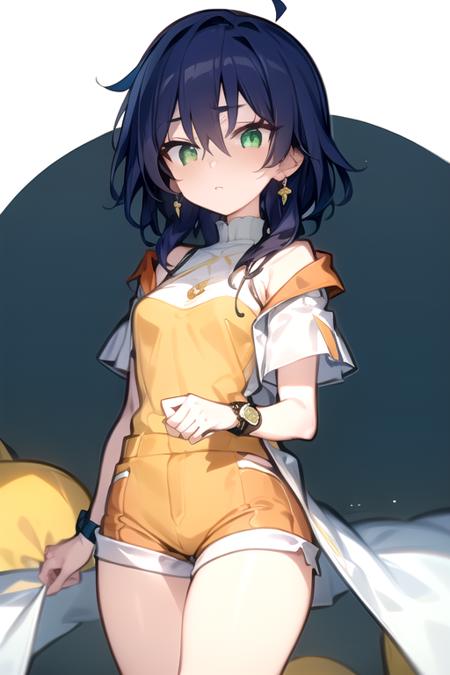 , fabia_Sheen, blue_hair, long_hair,  green_eyes, pink ear rings, white_coat, bare_shoulder, yellow_shirt, short_sleeves, shorts, yellow_shorts, orange_patches,blue thighhigh socks, white boots, wristwatch, Fabia_Sheen_Castle_kight, blue_hair, long_hair,  green_eyes, pink ear rings, white_bodysuit, yellow_lining, deep_red_padding, popped collar, shoulder_pads, gloves, boots, 