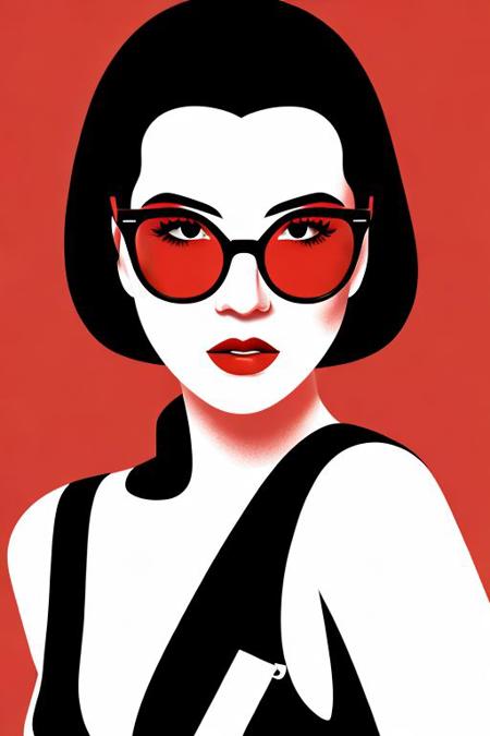 Solo focusminimalism, simple colors, Illustration of a sexy spy from 1970, glasses. lipstick, cigarette, simple red background