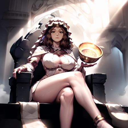 Gwynevere,brown eyes,large breasts,cleavage, veil,jewelry,