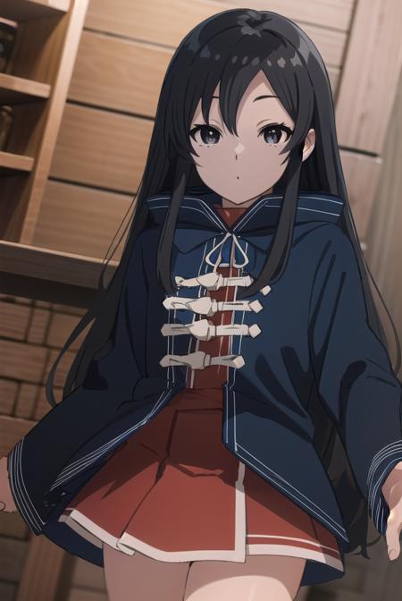 shizuka nanahoshi, long hair, black hair, (black eyes:1.5), sidelocks, skirt, long sleeves, pleated skirt, boots, belt, cape, mask, red skirt, blue cape,