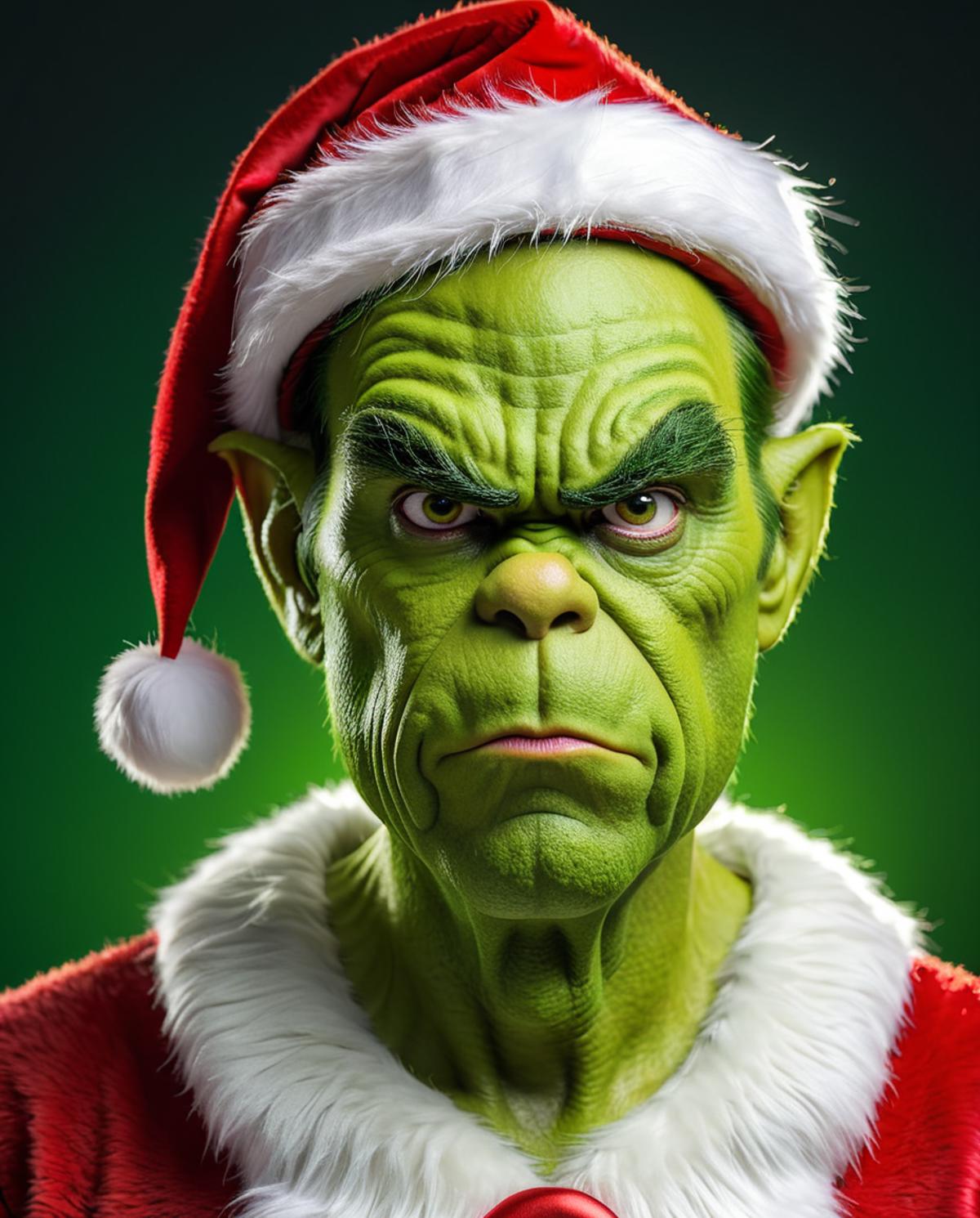 A computer-generated image of a green, angry face with a Santa hat on.