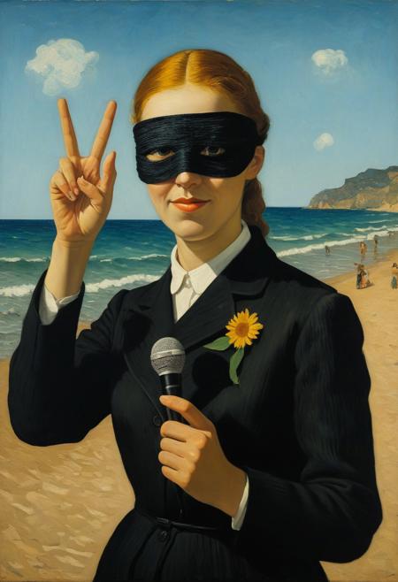 a woman with eyeprint blindfold is taken interview at beach, double peace sign, evil smile, directed microphone,
deep shadows enhancing mysterious atmosphere, (oil painting:1.5), in (abstract art:2.0) style, (by Vincent Willem van Gogh:1.4), (by Francisco José de Goya:1.2), (by rene magritte:1.4), (by Paul Klee:1.2),  directional lighting, masterpiece, perfect composition, abstract glitch, long shot, masterpiece,best quality,very aesthetic, absurdres,