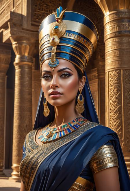 (masterpiece:1.5), (photorealistic image), ultra-detailed image, hyper realistic, egyptian queen, 50 years old, (look in camera:1.3), (low angle:1.3), ((regal presence)), (realistic skin:1.6), grand palace setting, realistic lighting, intricate details, ((majestic attire)), ornate headdress, ((historically accurate accessories)), ((dramatic composition)), regal expression, authentic textures, ((luxurious surroundings)), ((captivating atmosphere)), ((timeless elegance)), professional photographer, ((realistic shadows)), detailed features, ((commanding presence)), ((rich color palette)), realistic reflections, ((grand architectural elements)), ((sumptuous drapery)), ((historical accuracy)), ((captivating gaze)), expertly captured moment,  RAW photo, <lora:more_details:0.9>, <lora:DetailedEyes_V3:1>