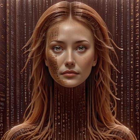 Portrait of gorgeous female wearing red digital long dress, long red hair, freckles,  streams of colorful digits, matrix, masterpiece, inspired by Leyendecker, ornamental, throne, iridescent, detailed, abstract, ornamental dress, occult ceremonial mask, number trails, labyrinth, iridescent, translucent, medium shot,
<lora:Code__Digital_World_Morph_v2_PONY_XL_by_UOC:1.4> codeandigital, cyberw0rlds, c0dean0igital