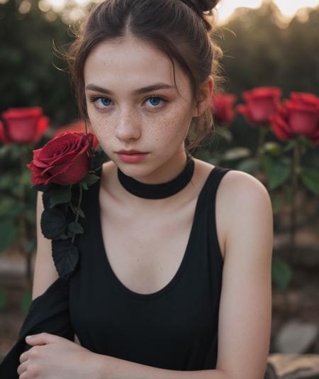 RAW Photograph, lens flare, dslr, soft lighting, high quality, film grain, Fujifilm XT3, insane details, masterpiece, 8k, 35mm photograph, dslr, kodachrome, vignette, vintage, Kodachrome, Lomography, stained, highly detailed, found footage, the background are black roses, storm, 1girl, (22 years old, young:1.1), freckles, innocent, pale, sweaty, hair bun, detailed skins, sleeveless dress, (black legwear:1.1),  pouting, blue eyes,  pink rouge,
