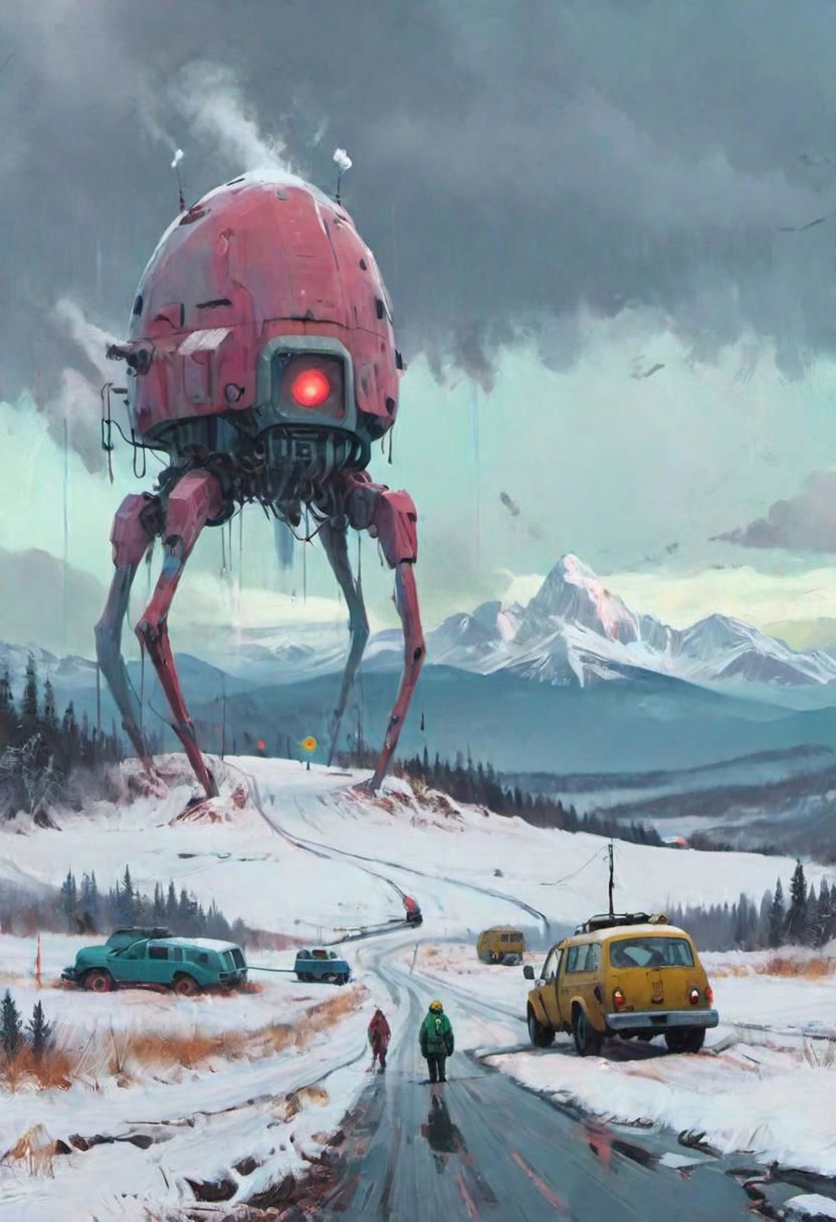 A snowy scene with a large pink robot and cars driving down the road.
