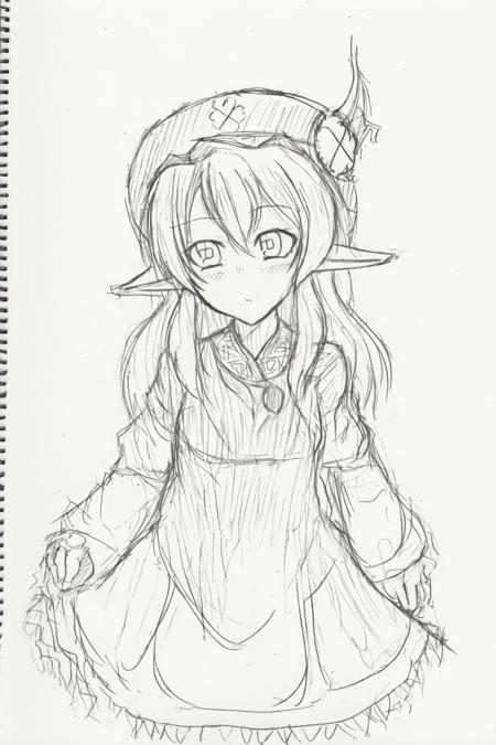 <lora:style18-v2:1>,sketch, greyscale, monochrome, traditional media,<lora:klee:1>,1girl,klee \(genshin impact\), hat,pointy ears, dress