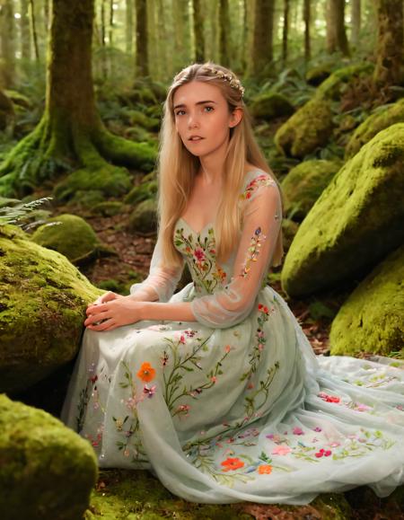 In this magical realm, Noelle, dressed in her spellbinding, flower-embroidered gown, radiates confidence as she sits on a mossy rock, capturing the enchanting atmosphere of the forest with its magical setting, where ethereal beauty and graceful poses blend seamlessly. <lora:ozyzuw18f741729fcy2cd:1>