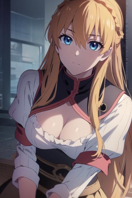 su mucheng, long hair, blonde hair, blue eyes, hair between eyes, braids, hair braid, su mucheng, long hair, blonde hair, (yellow eyes:1.5), braids, hair braid, googles, googles on head, gloves, cleavage, shirt, juliet sleeves, corset, skirt, brown skirt, white shirt, sweater, jacket, fur trim, fur-trimmed jacket, pink jacket, pantyhose, skirt, white sweater, white skirt,