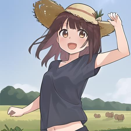 <lora:mcroppep:0.70> 1girl, brown_hair, brown_eyes, (t-shirt:1.1), black_t-shirt, bare_arms, solo, smiling, running, scenery, grass, sky, sunny, straw_hat