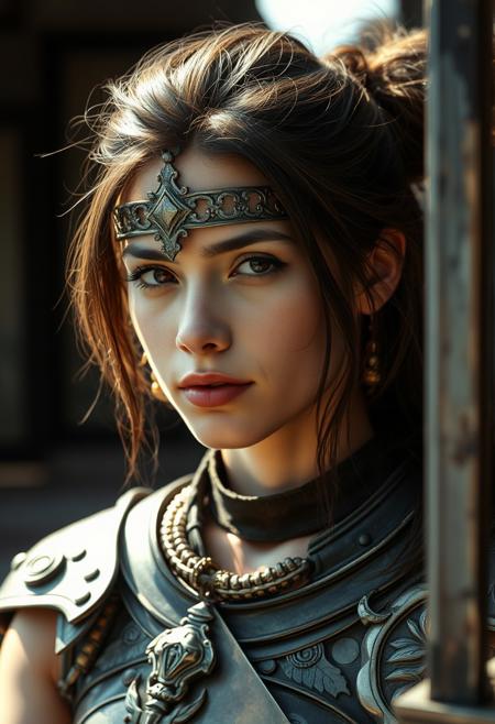 Close Up shot of Raya as a warrior princess  at the Cambodian temple, iron armour, short mane, at day, Low saturation color photography, vintage, grunge, side hard light